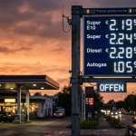 Firefly_Gemini Flash_A German gas station price sign at dusk, photorealistic. In the foreground, an illumi 923911(1)