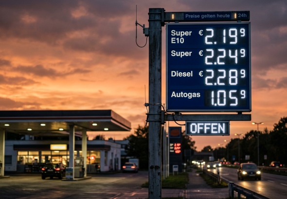 Firefly_Gemini Flash_A German gas station price sign at dusk, photorealistic. In the foreground, an illumi 923911(1)