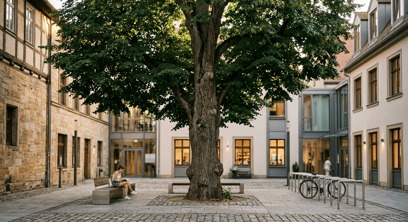 Firefly_Gemini Flash_A tall, old field maple tree (Feldahorn) standing alone in a quiet historic courtyard 297647(1)