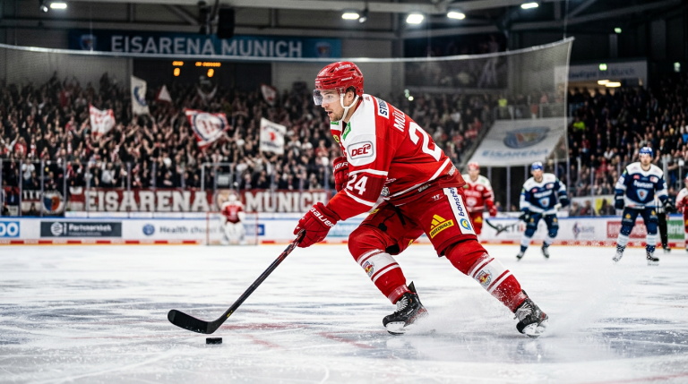 Firefly_Gemini Flash_ymbolbild Eishockey- Eishockeyspieler in rot-weißem Trikot auf dem Eis, dynamische Ac 942518