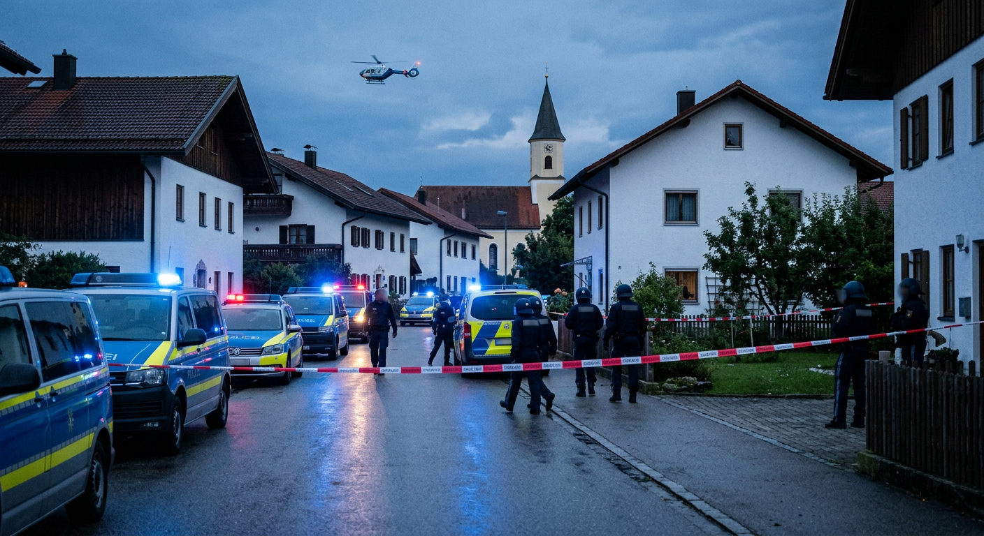 Firefly_Gemini Flash_Dokumentarisches Pressefoto, Polizeigroßeinsatz in einer bayerischen Dorfstraße in de 427416