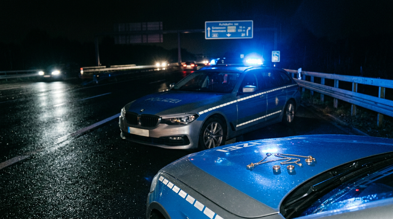 Firefly_Gemini Flash_German police car in blue and silver livery parked on the hard shoulder of a German a 214330