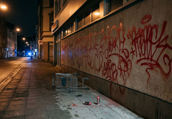 Firefly_Gemini Flash_Night scene in a German city street, the long plain wall of a commercial building fre 214330