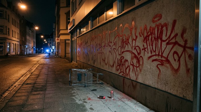 Firefly_Gemini Flash_Night scene in a German city street, the long plain wall of a commercial building fre 214330
