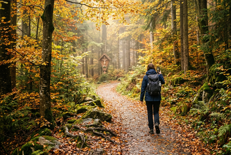 Firefly_Gemini Flash_Photorealistic landscape photo of a hiking trail through an autumn mixed forest in th 938722