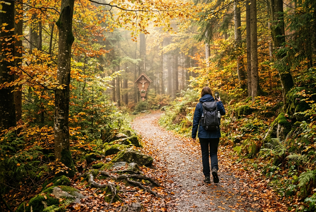 Firefly_Gemini Flash_Photorealistic landscape photo of a hiking trail through an autumn mixed forest in th 938722